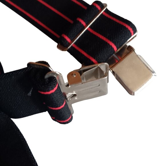Vintage Logger Suspenders Adjustable Black Red Striped Alligator Metal Clips - Picture 4 of 4